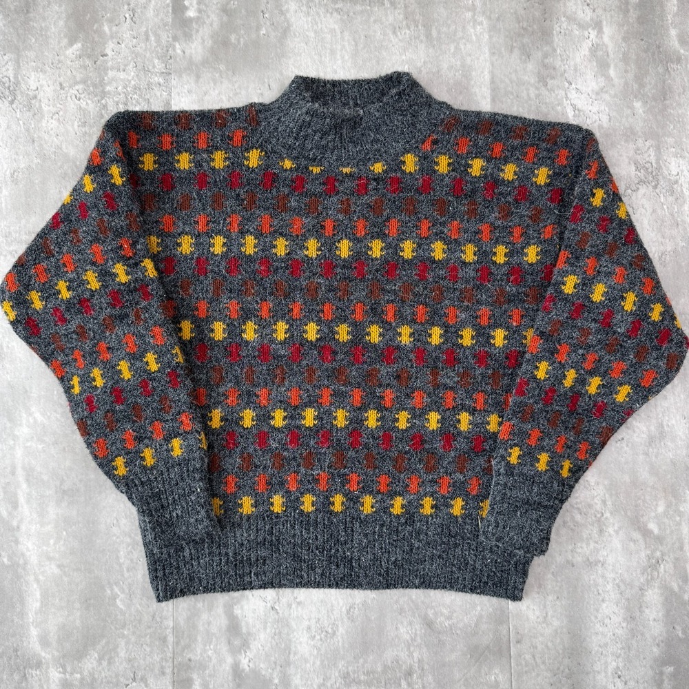 Vintage College Point Sweater Mens Medium Gray Geometric Acrylic Knit 80s